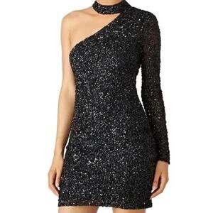 PARKER Black Sequin One Shoulder Long Sleeve Beaded Bodycon Mini Dress Size 0